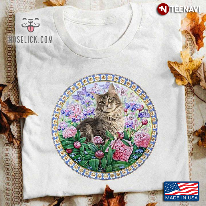 Cute Cat And Flowers Circle Design For Cat Lover