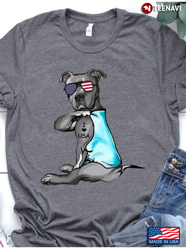 Funny Pitbull With Tattoo I Love USA For Dog Lover
