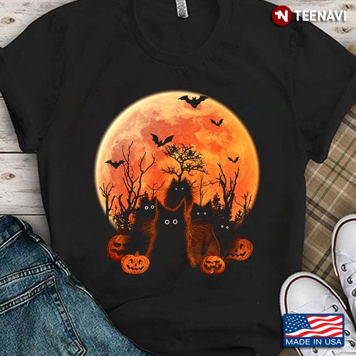 Cats And Pumpkins With Full Red Moon Cat Lover For Halloween
