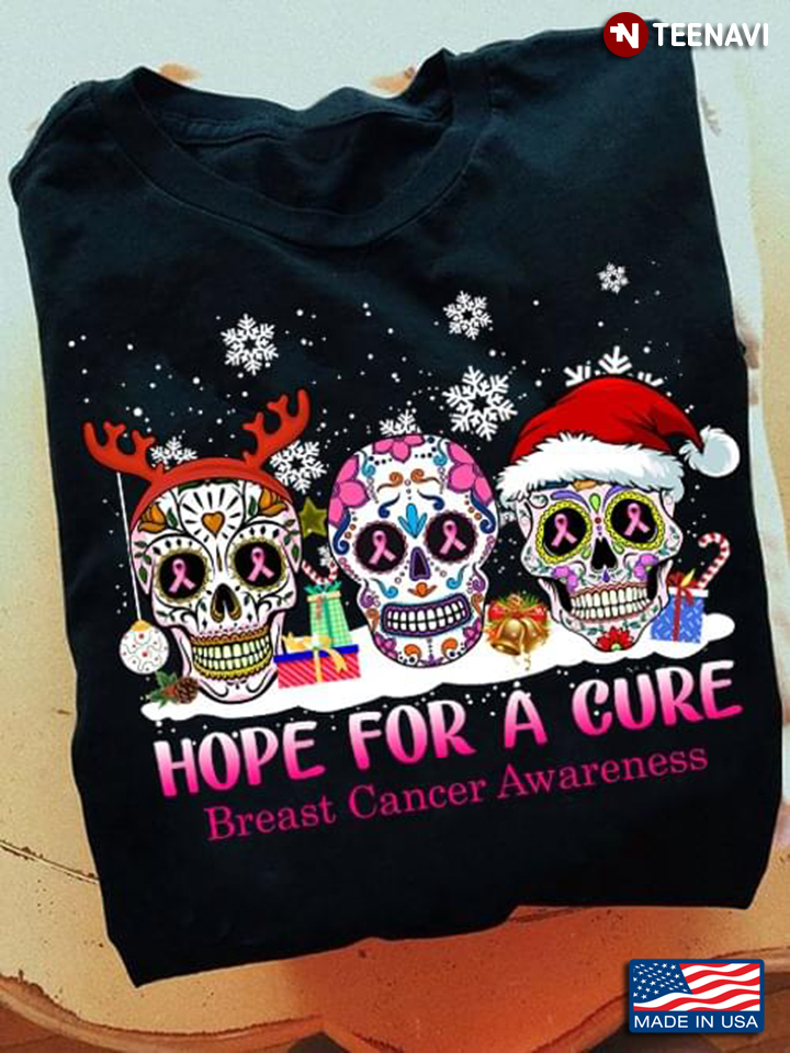 Hope For A Cure Breast Cancer Awareness Sugar Skulls With Christmas Hat For Christmas