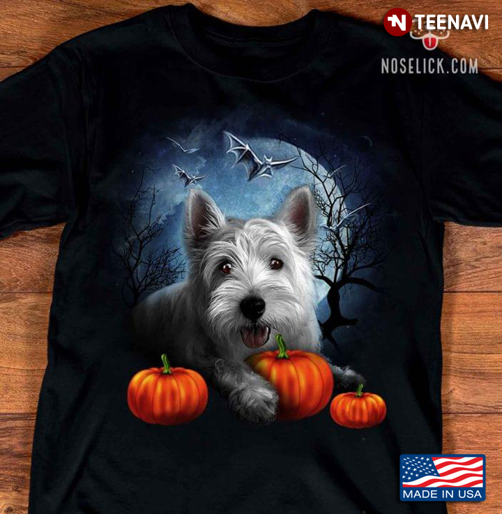 West Highland White Terrier And Pumpkins In Moon Night For Halloween