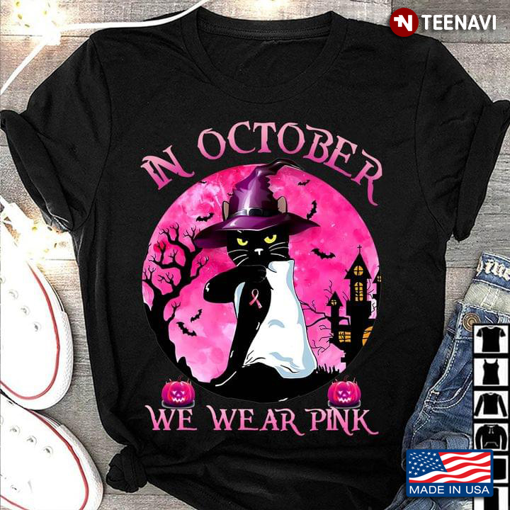 In October We Wear Pink Black Cat Pumpkin Breast Cancer Awareness