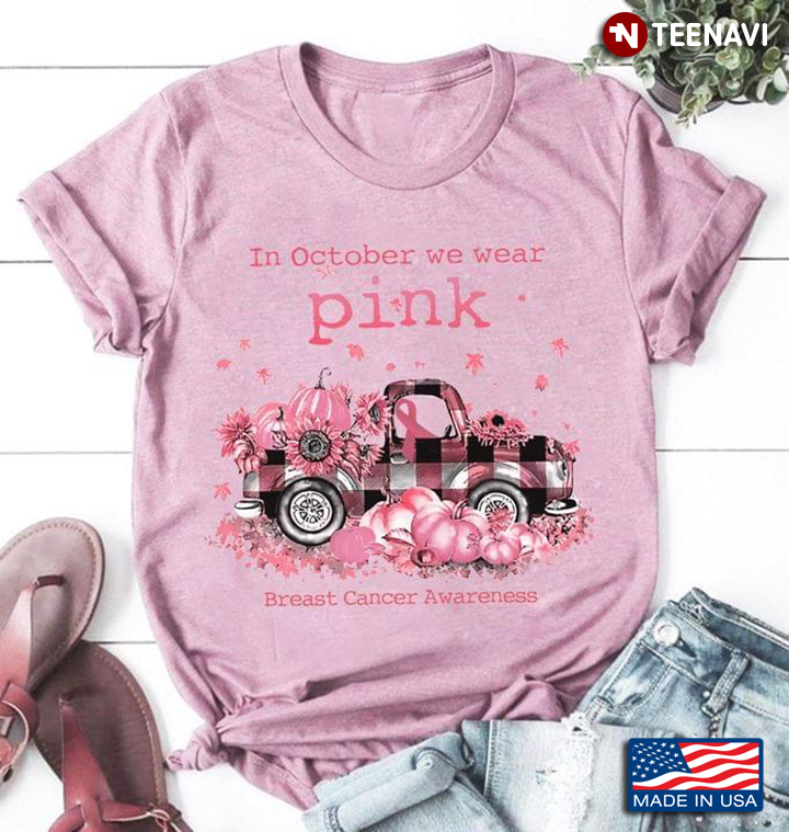 In October We Wear Pink Breast Cancer Awareness Car With Sunflowers And Pumpkins