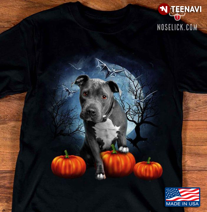 Pitbull And Pumpkins Night Moon For Halloween
