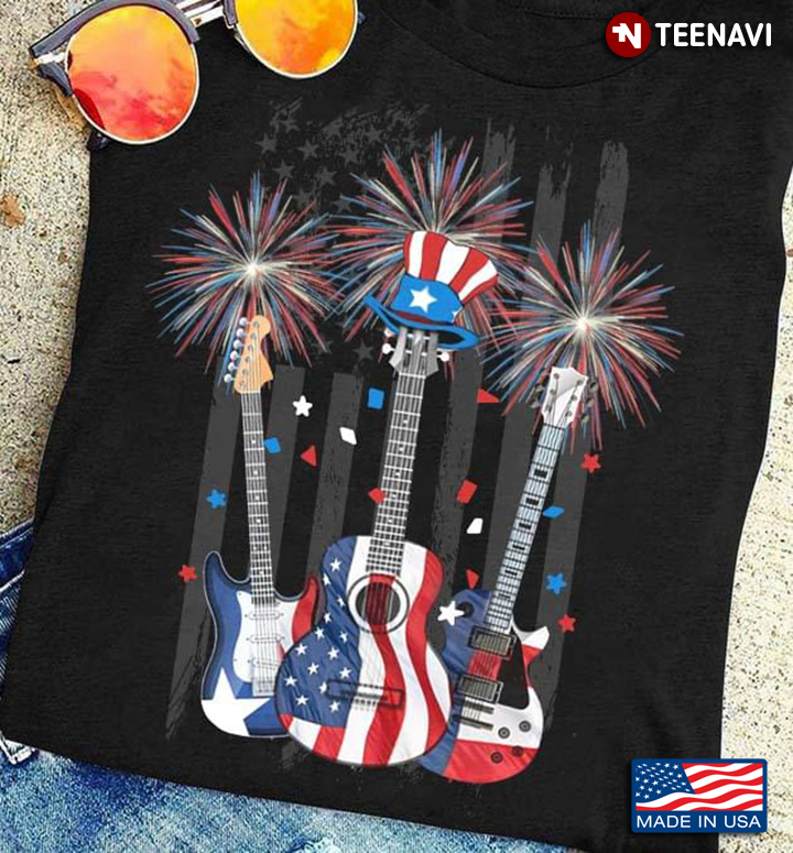 Three Guitars American Flag And Fireworks Happy Independence Day For 4th Of July