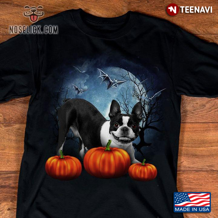 Boston Terrier Pumpkins And The Night Moon For Halloween