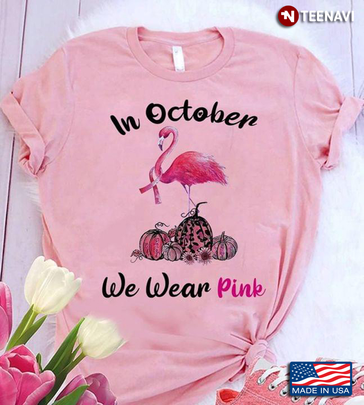 In October We Wear Pink Flamingo And Pumpkin Breast Cancer Awareness Leopard