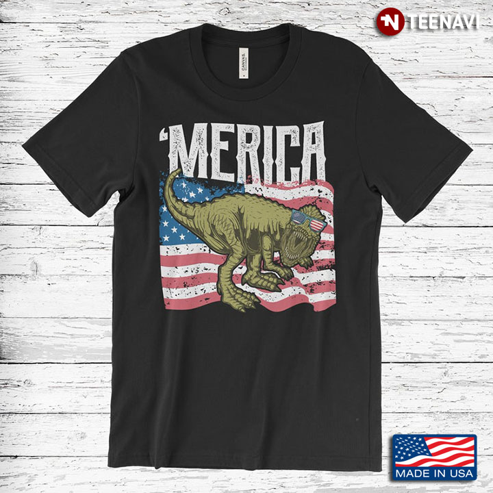 Merica Dinosaur With American Flag Patriotic