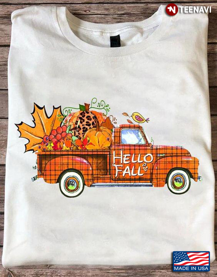 Hello Fall Pumpkins And Bird On Orange Car Leopard For Autumn Lover