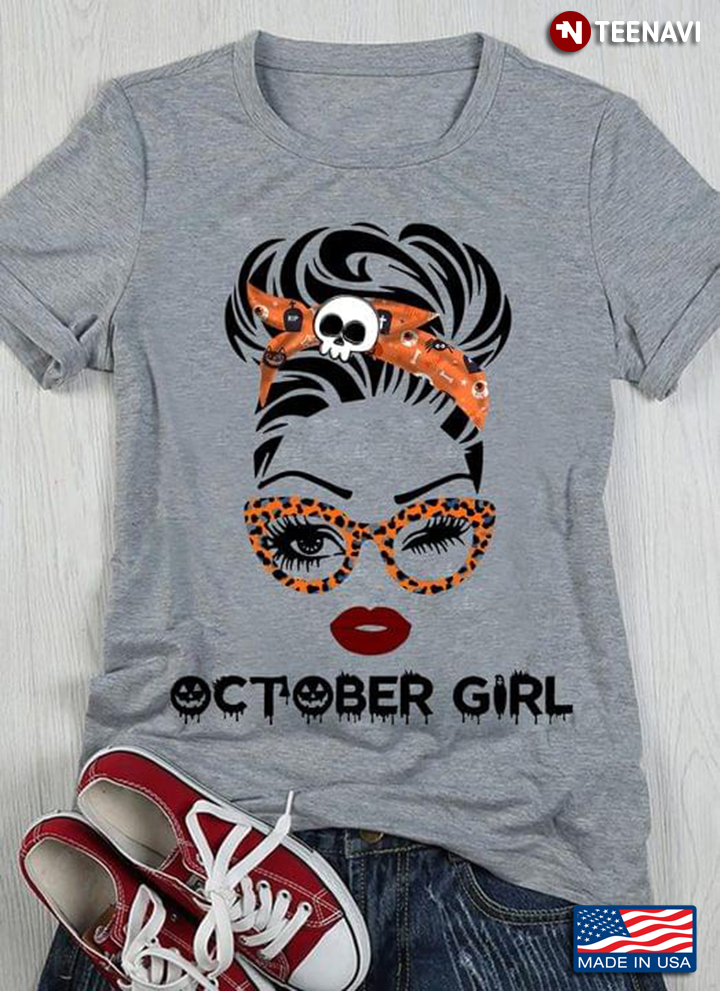 October Girl Messy Bun Girl With Orange Headband And Glasses Leopard for Birthday