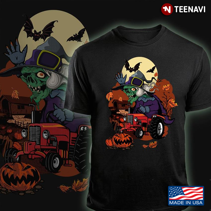 Farmer Witch Driving Tractor For Halloween