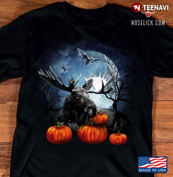 Moose Halloween With Evil Bats Pumpkin In Moon Night