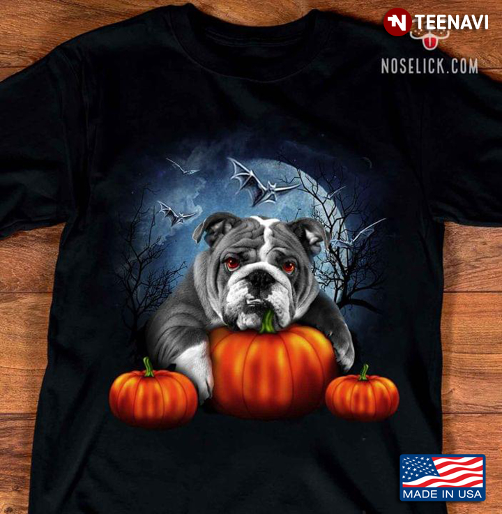 Halloween Cute Bulldog With Evil Bats Pumpkin In Moon Night