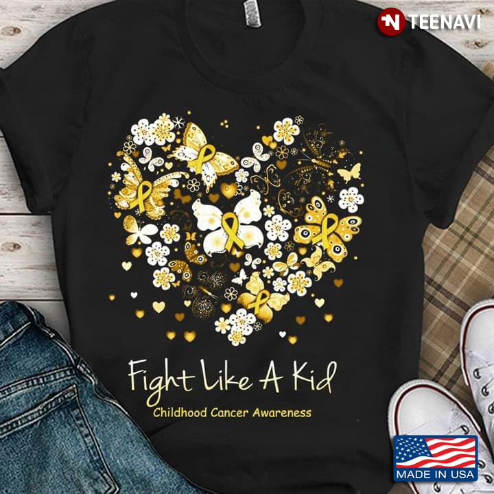 Fight Like A Kid Childhood Cancer Awareness Yellow Ribbon Floral Butterflies Hearts