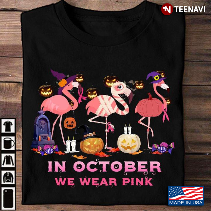 In October We Wear Pink Pumpkin Flamingo Halloween Breast Cancer Awareness