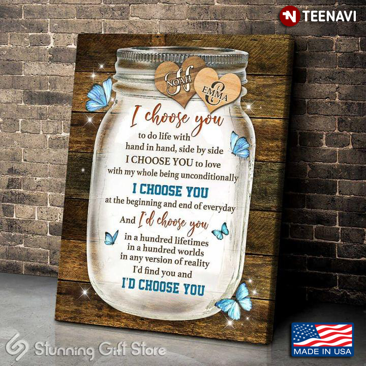 Vintage Customized Name Blue Butterflies Flying Around Mason Jar I Choose You To Do Life With Hand In Hand Side By Side
