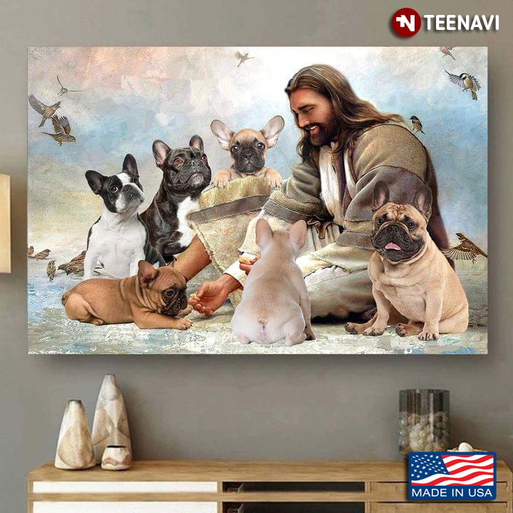 Vintage Smiling Jesus Christ Playing With French Bulldog Dogs And Birds Flying Around
