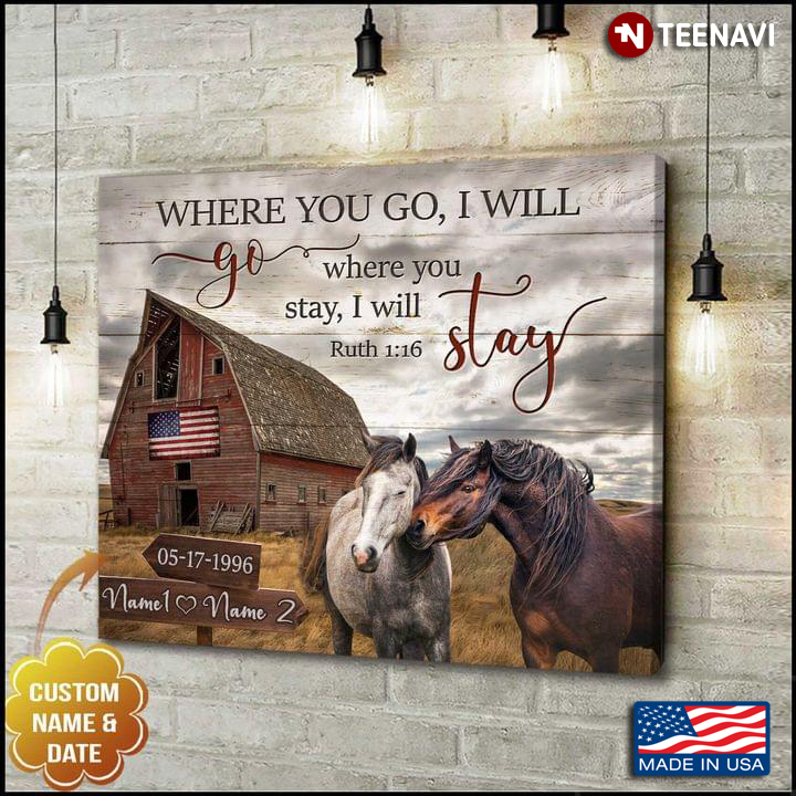 Vintage Customized Name & Date Brown Horse & White Horse Cuddling On Farm Where You Go I Will Go Where You Stay I Will Stay Ruth 1:16