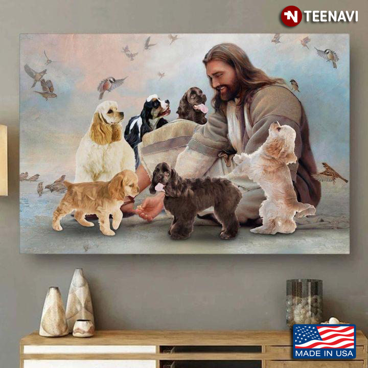 Vintage Smiling Jesus Christ Playing With Cocker Spaniel Dogs And Birds Flying Around