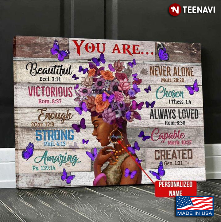 Vintage Customized Name Black Girl With Purple Flowers & Purple Butterflies And Butterflies You Are Beautiful Never Alone Victorious