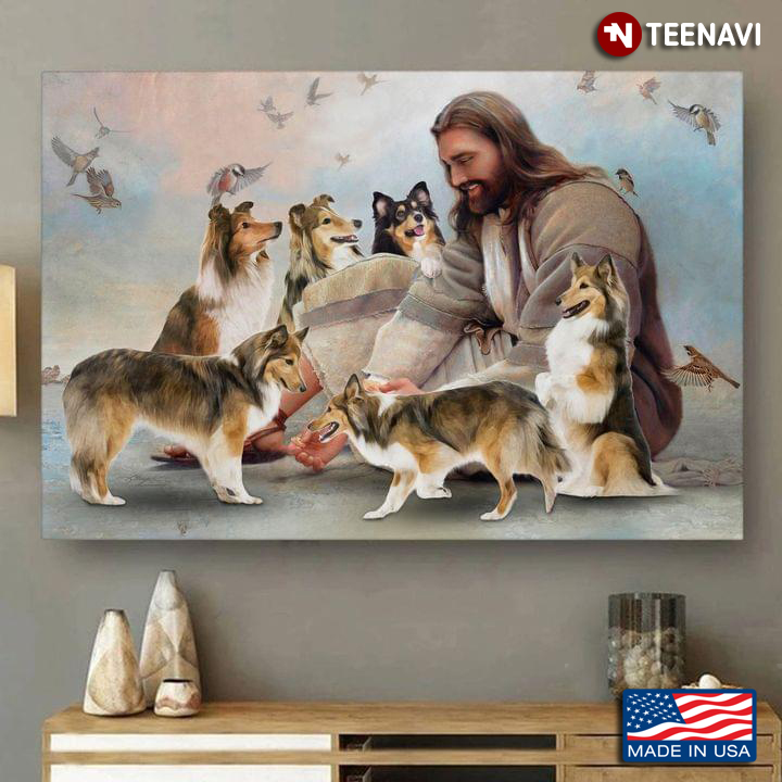 Vintage Smiling Jesus Christ Playing With Shetland Sheepdog Dogs And Birds Flying Around
