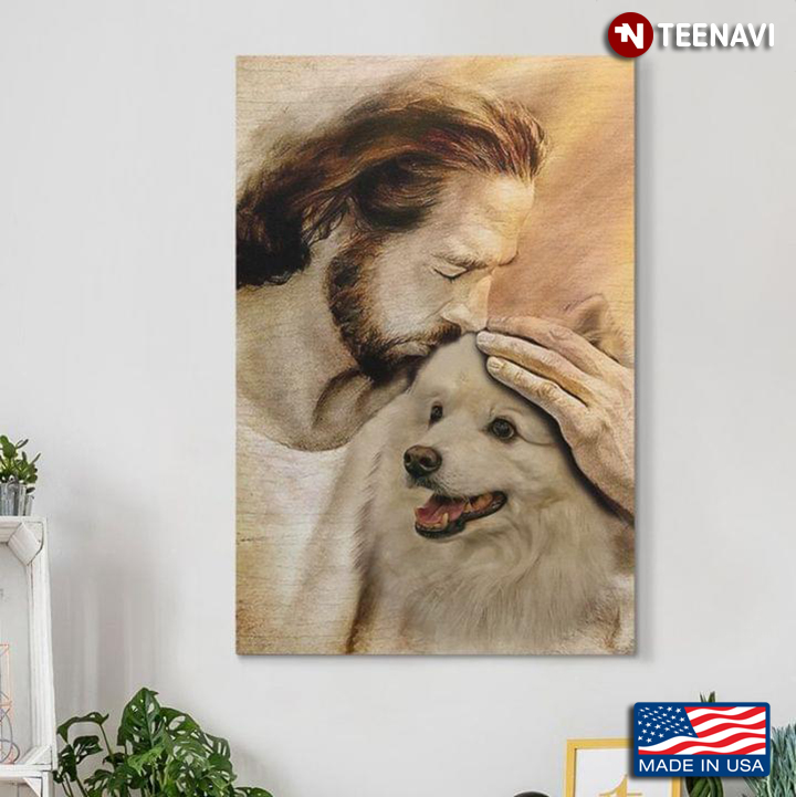 Vintage Jesus Christ Kissing American Eskimo Dog