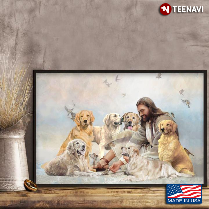 New Version Smiling Jesus Christ Playing With Golden Retriever Dogs And Birds Flying Around