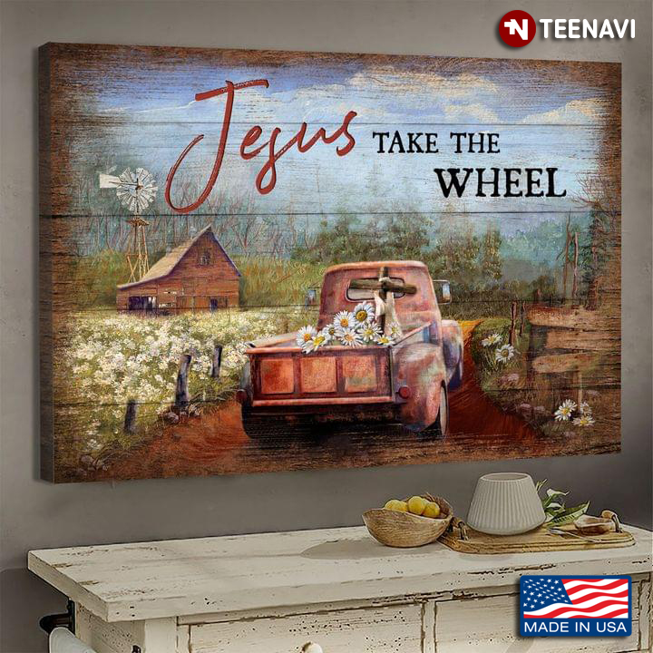 Vintage Red Truck Carrying Daisy Flowers And Jesus Cross Draped With White Cloth To Farm Jesus Take The Wheel