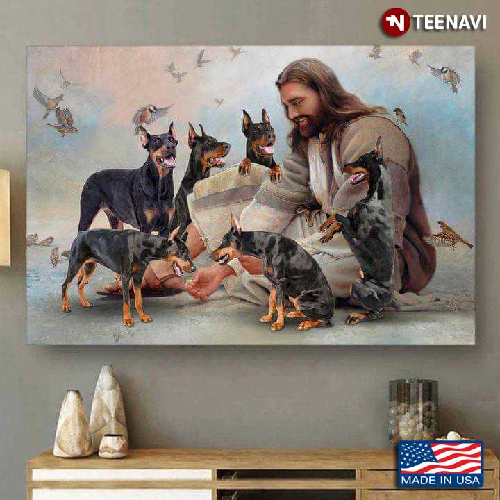 Vintage Smiling Jesus Christ Playing With Dobermann Pinscher Dogs And Birds Flying Around