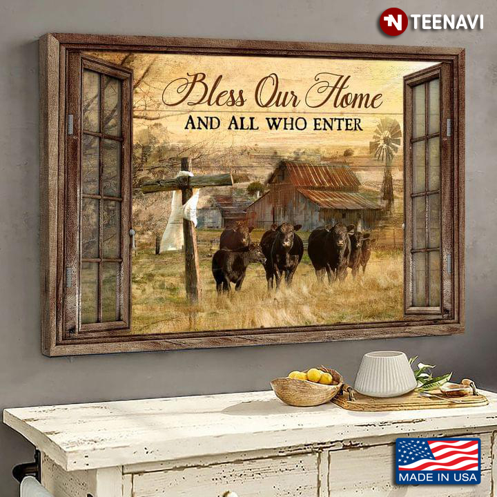 Vintage Window Frame With Black Cows & Jesus Cross Draped With White Cloth On Farm Bless Our Home And All Who Enter