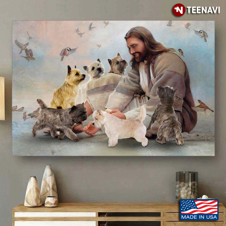 Vintage Smiling Jesus Christ Playing With Cairn Terrier Dogs And Birds Flying Around