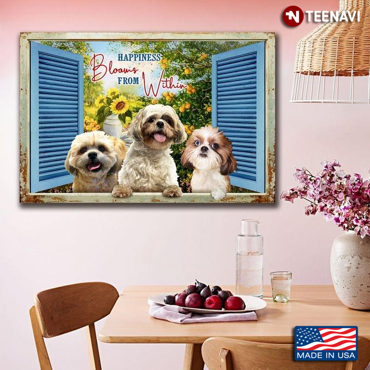 Vintage Blue Window Frame With Shih Tzu Dogs In The Garden Happiness Blooms From Within