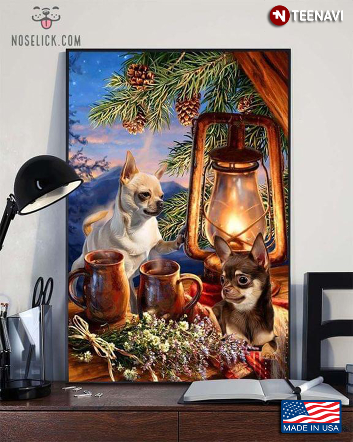 Vintage Chihuahua Dogs Sitting Under Pine Tree And The Light From Oil Lamp
