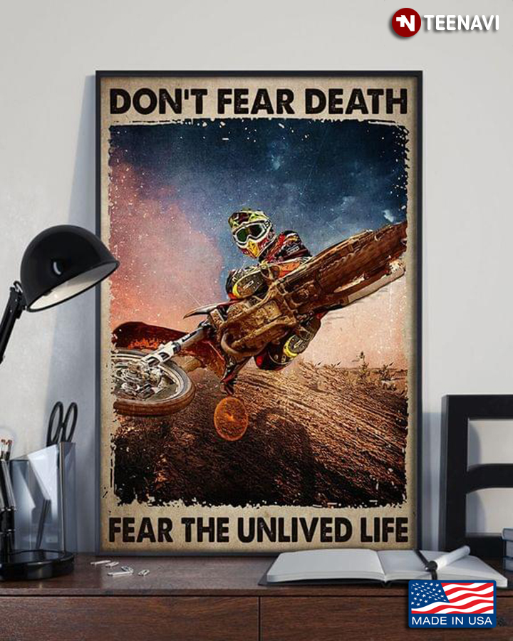 Vintage Motorcycle Racer Jumping Don’t Fear Death Fear The Un-lived Life