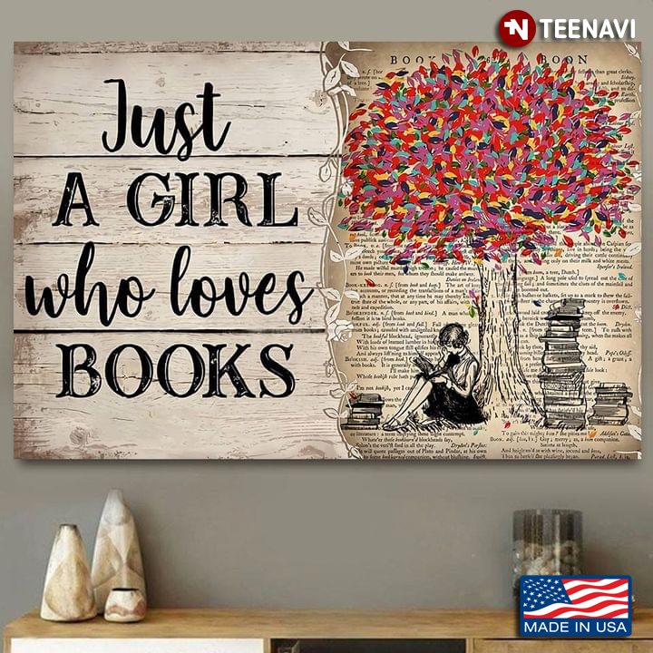 Vintage Dictionary Theme Girl Sitting Against A Colourful Tree Reading Book Just A Girl Who Loves Books