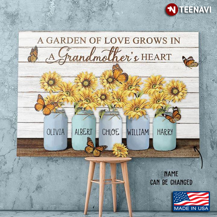 Vintage Customized Name Monarch Butterflies Flying Around Sunflowers In Vases A Garden Of Love Grows In A Grandmother's Heart