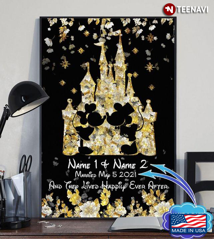 Customized Name & Date Golden Glitter Disney Castle Mickey Mouse & Minnie Mouse And They Lived Happily Ever After