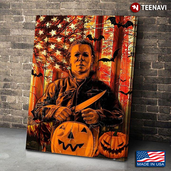 Michael Myers With Knife And Pumpkin Jack O Lanterns In The Forest Full Of Bats Flying Around And American Flag