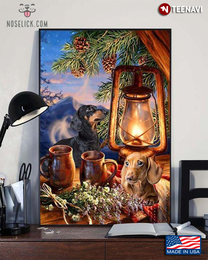 Vintage Dachshund Dogs Sitting Under Pine Tree And The Light From Oil Lamp
