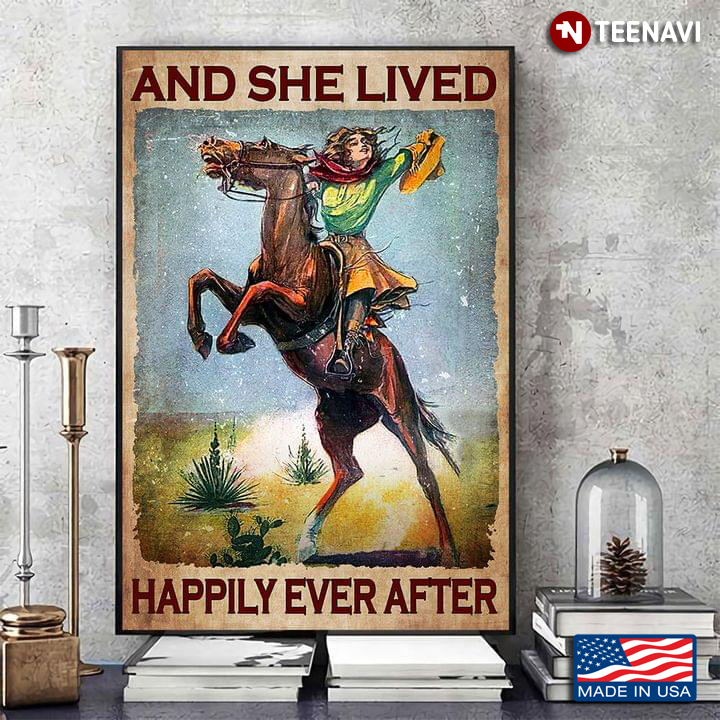 Vintage Happy Cowgirl On Horseback And She Lived Happily Ever After