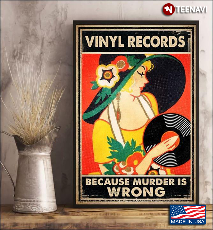 Vintage Floral Girl With Vinyl Disc Vinyl Records Because Murder Is Wrong