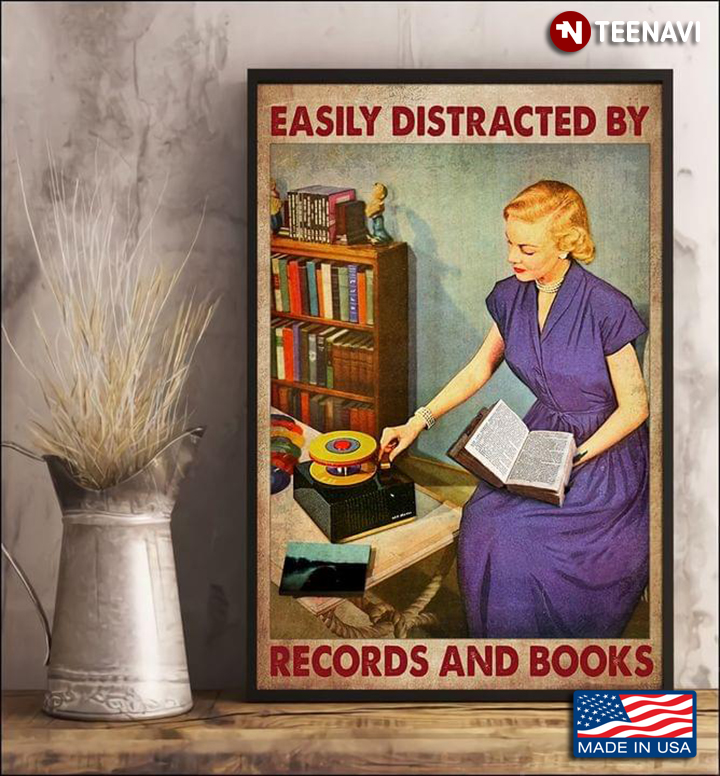 Vintage Woman Reading Book And Switching On Record Player With Vinyl Disc Easily Distracted By Records And Books