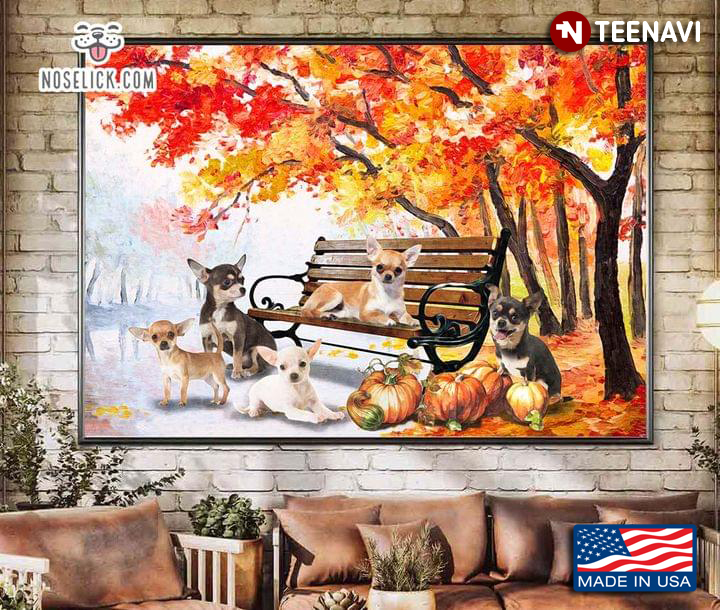 Vintage Chihuahua Dogs In The Autumn Forest With Pumpkins Around Painting