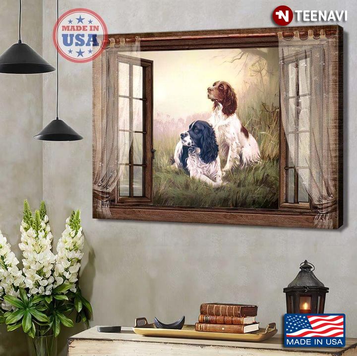 Vintage Wooden Window Frame With Curtains And English Springer Spaniel Dogs Outside