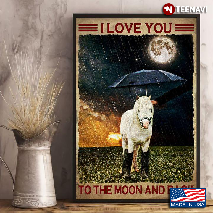 Vintage Human Holding Umbrella Over Little White Horse On Rainy Night I Love You To The Moon And Back