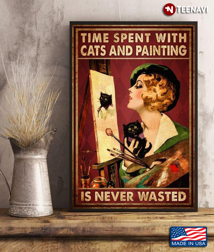 Vintage Girl Painting Her Black Kitten Time Spent With Cats And Painting Is Never Wasted
