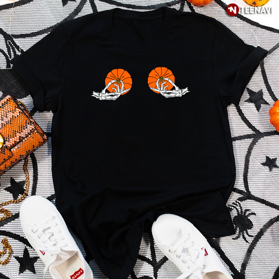 Pumpkin Boobs Skeleton Hands Halloween Bikini Costume T-Shirt