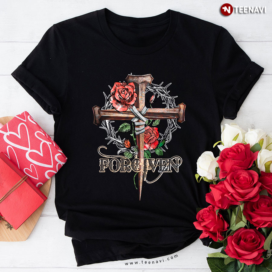 Crown of Thorns Cross with Roses Forgiven T-Shirt