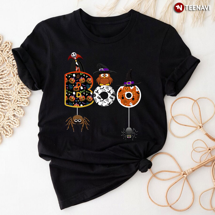 Boo Jack Skellington Owl Witch Spiders And Jack O’ Lantern for Halloween T-Shirt