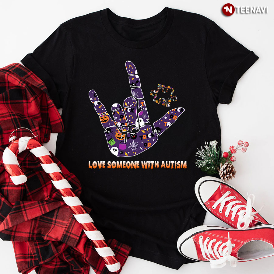 Love Someone With Autism Trick Or Treat Rock N Roll Sign Autism Awareness for Halloween T-Shirt